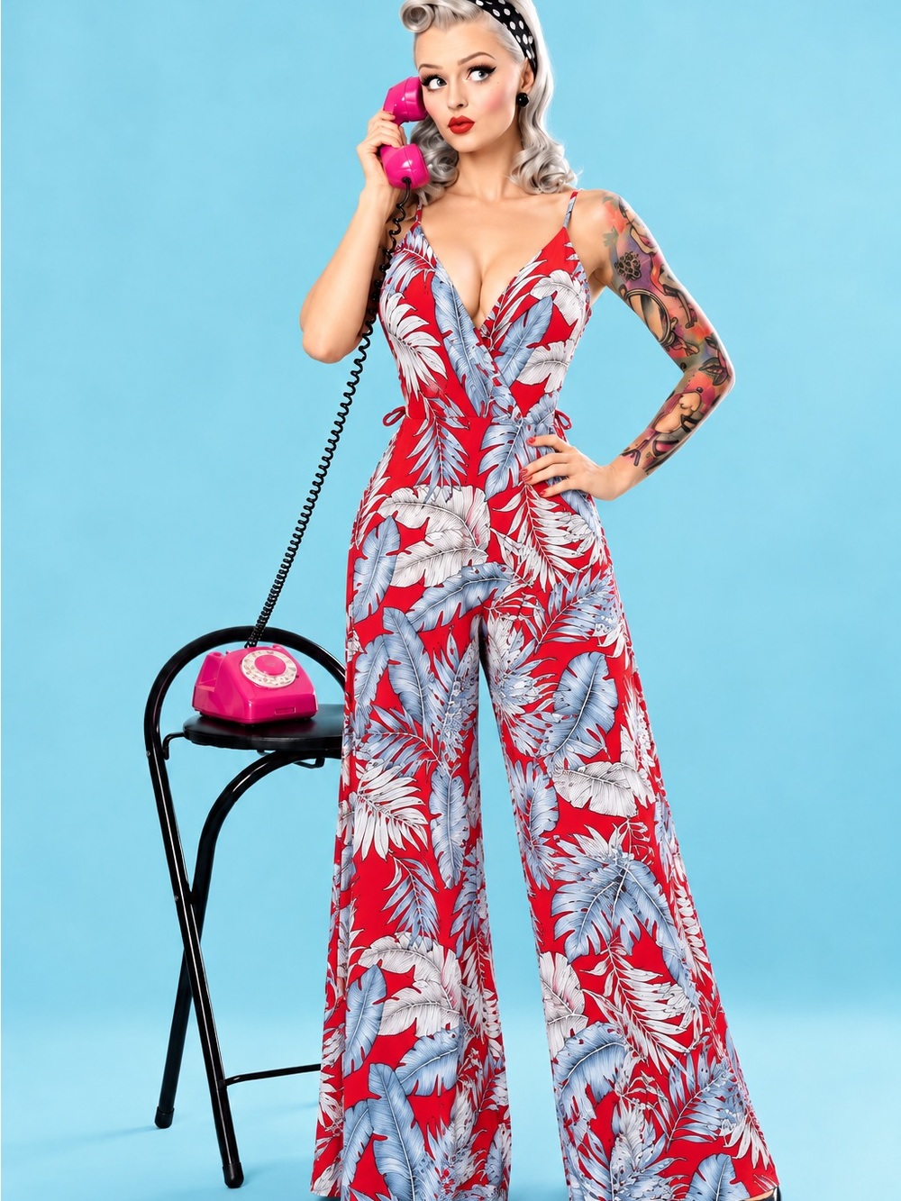 Blue Blush Red Tropical Leaf Wide-Leg Jumpsuit with tie waist